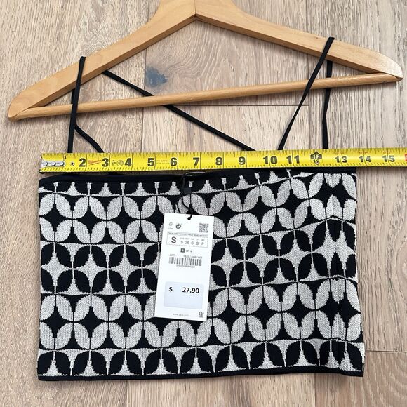 Zara Geometric Knit Top Black White Size S Small Asymmetrical Straps Crop Summer - Picture 6 of 7